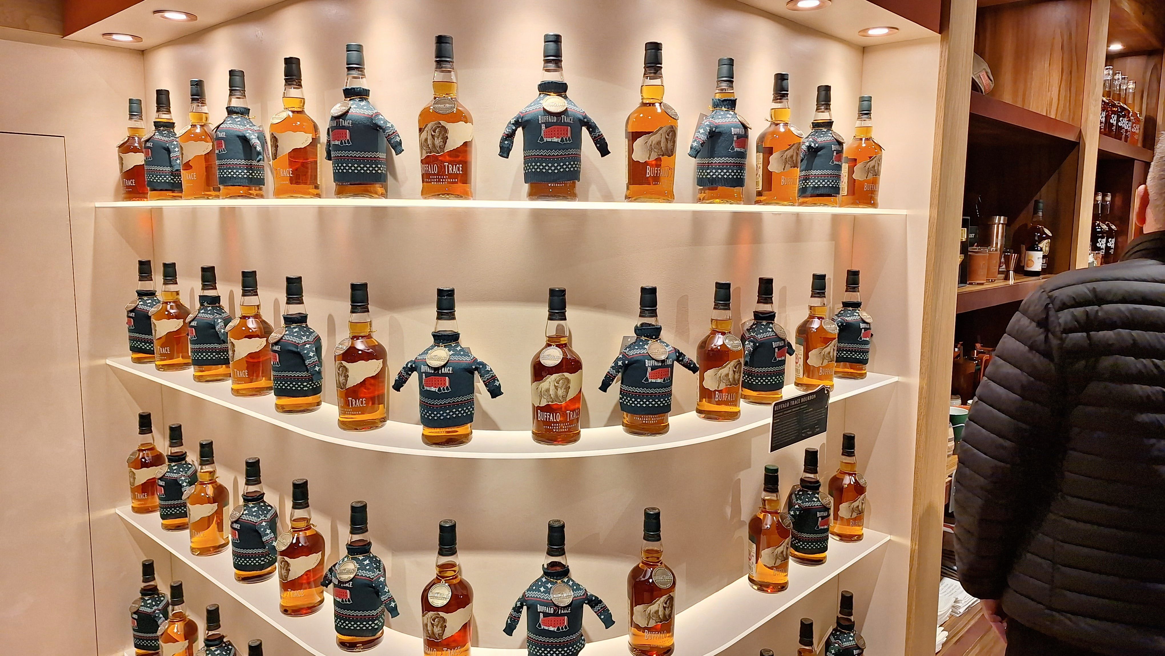 Christmas Buffalo Trace bottles on a shelf at the London store