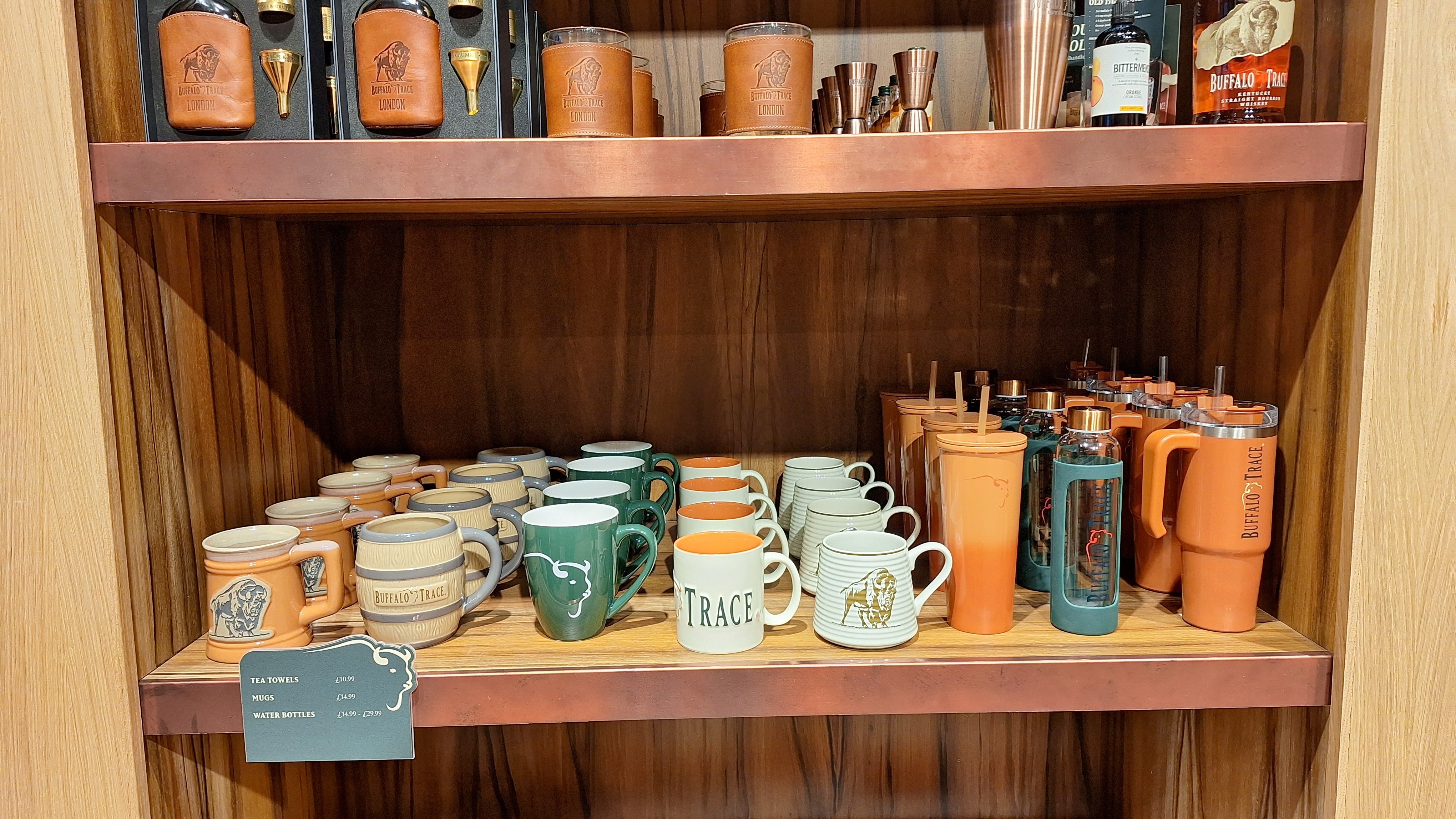 Mugs and homeware on a shelf at Buffalo Trace London