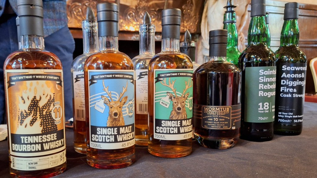 A line up of Boutique-y whisky bottles at Harrow Whisky Festival