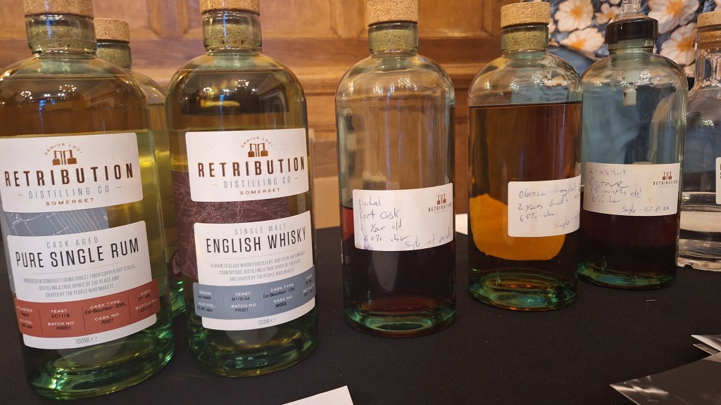 A line up of Retribution Distilling bottles at Harrow Whisky Festival