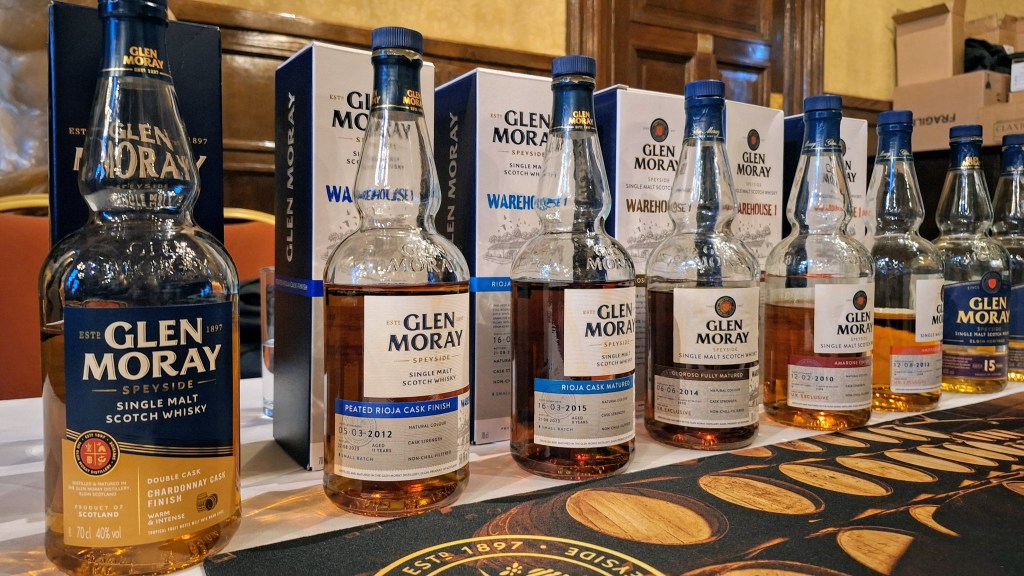 A line up of Glen Moray bottles at Harrow Whisky Festival