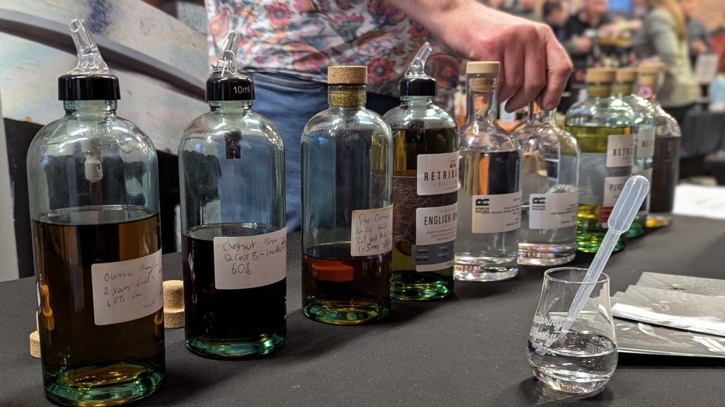 A line up of Retribution Distilling cask samples and new makes at Exploring Whisky Bristol