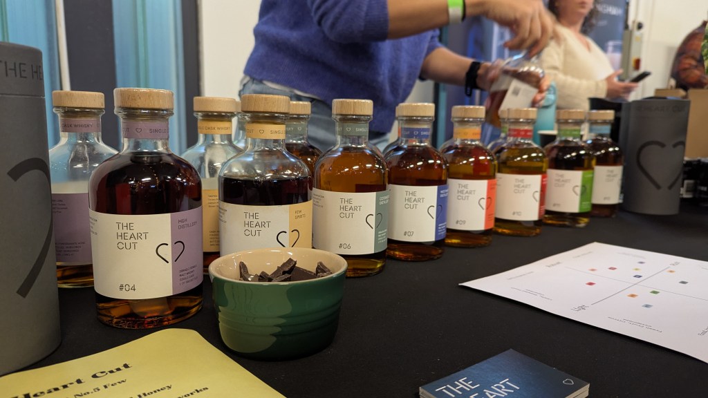 A line up of The Heart Cut bottles at Exploring Whisky Bristol. The stand also had chocolate to taste.