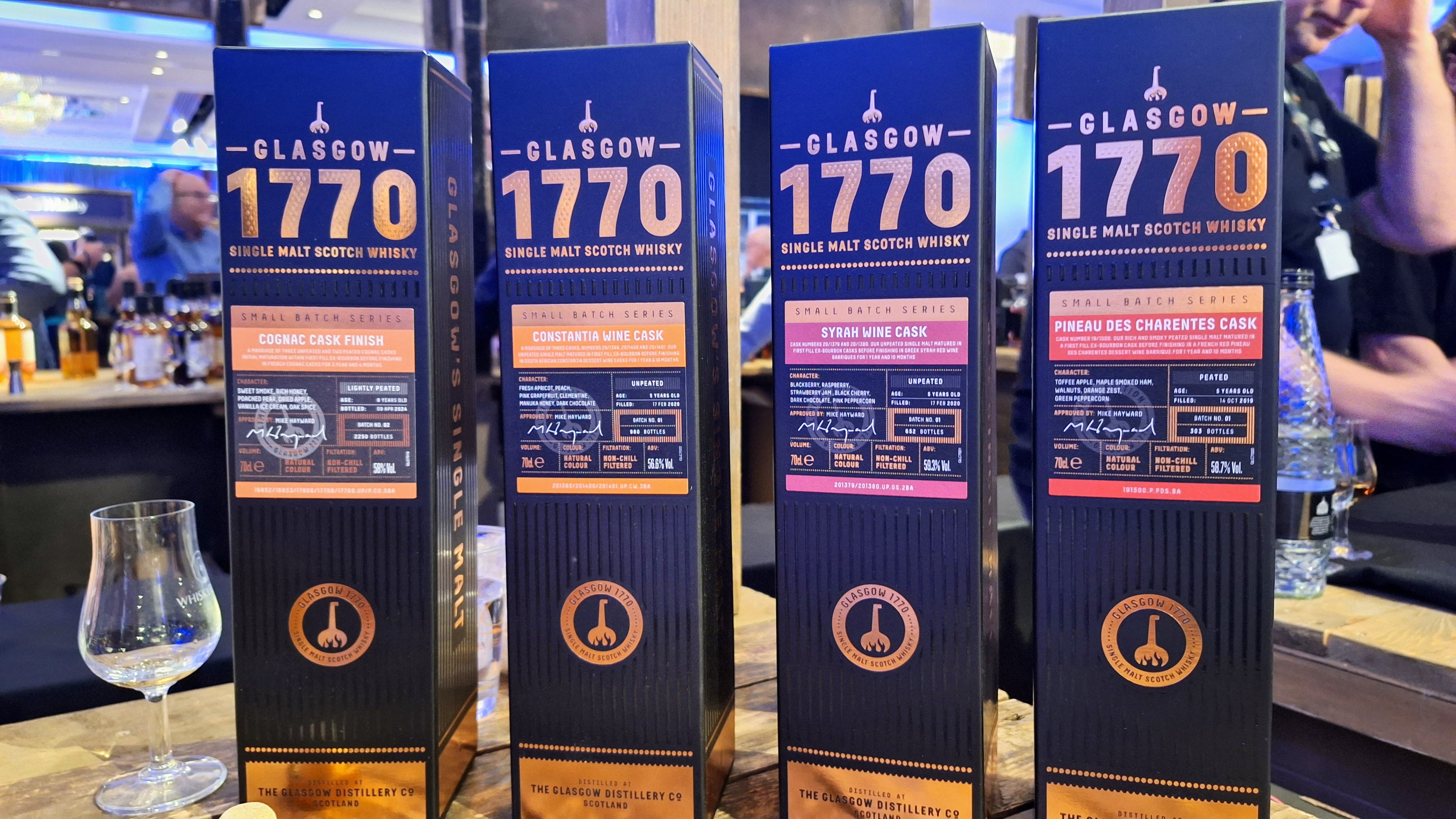Glasgow 1770 whisky bottles in presentation sleeves